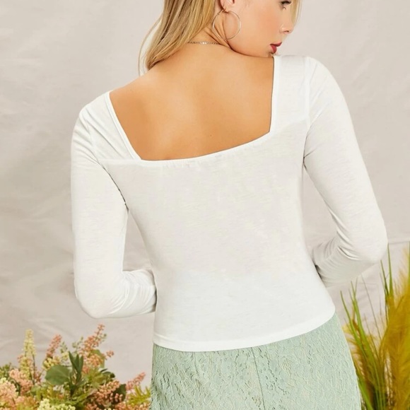 Sweetheart neckline tied long sleeve crop top white boho - Picture 2 of 2